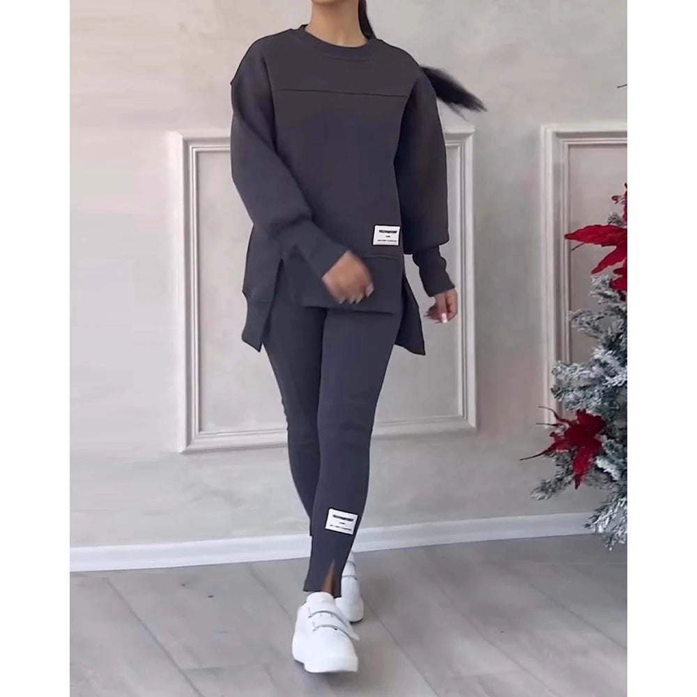 Sporty O-neck Long Sleeve Asymmetrical Sweatshirt & Skinny Pants Set Two Piece Outfits Tracksuit Sets Fall Clothing