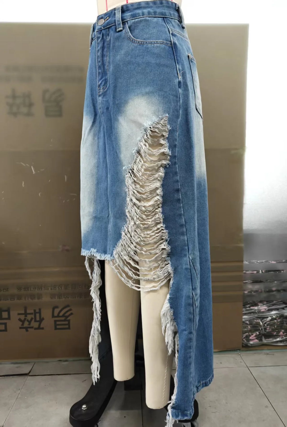 Distressed High Waist Denim Skirt With Irregular Hem For Women
