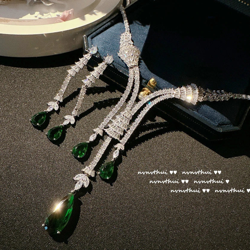 Crystal Zircon Tassel Necklace and Earrings Set for Women