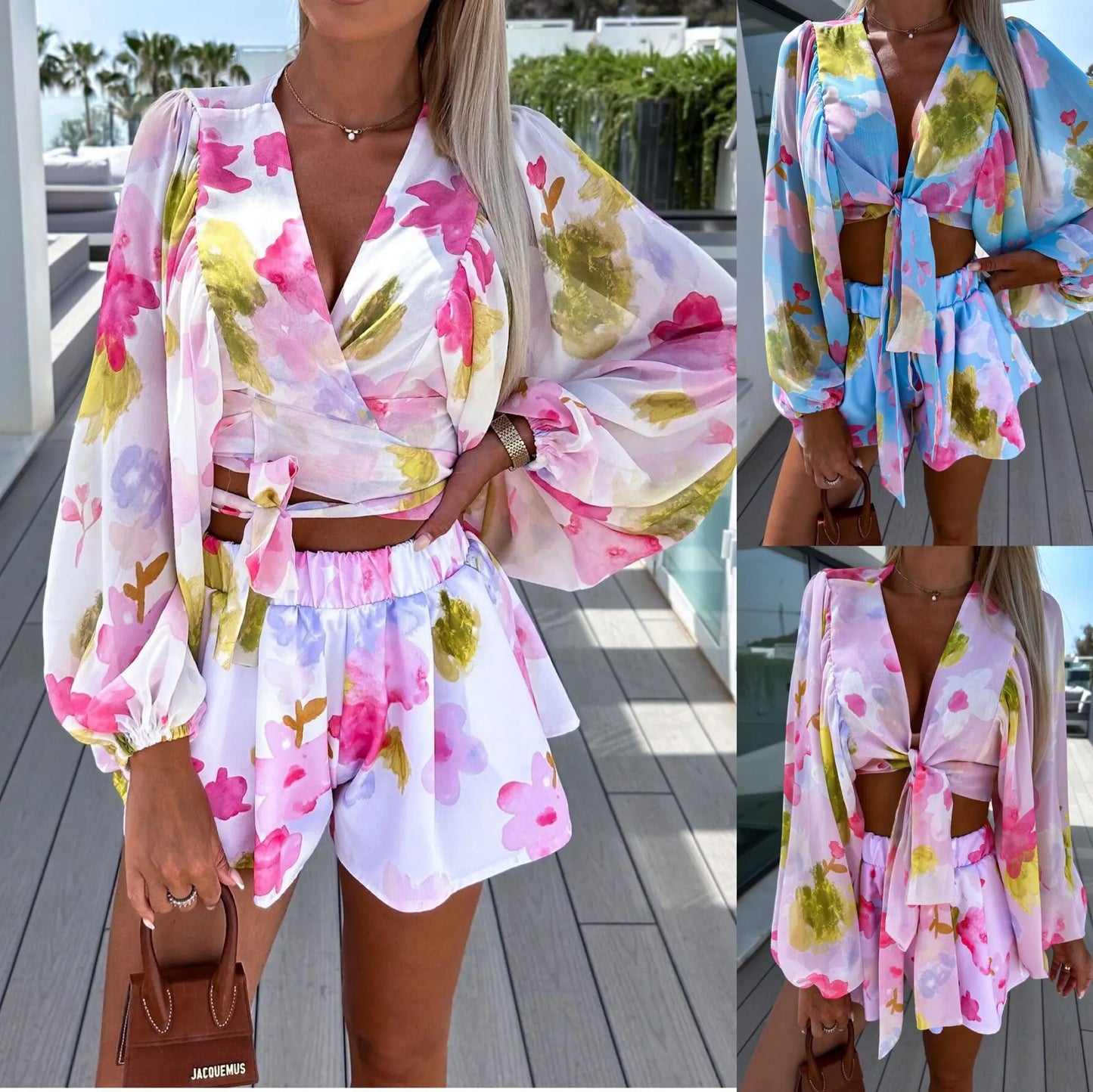 Lace-Up Lantern Sleeve Deep-V-Neck Chiffon Two-Piece Set for Women