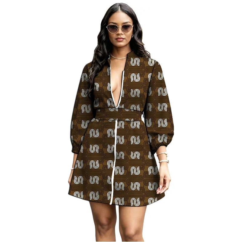 Zipper Belt African Print Loose Bishop Sleeve Dress for Women