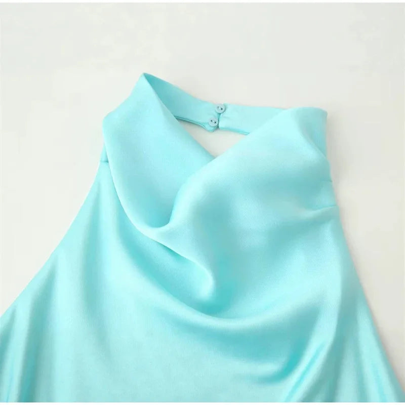 Turquoise Satin Cowl Neck Halter Top And Wide Leg Pants 2 Piece Set For Women