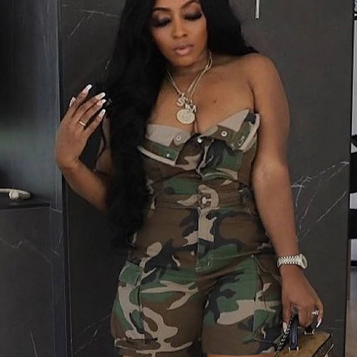 Camouflage Lace Trim Slim Fit Jumpsuit Romper for Women