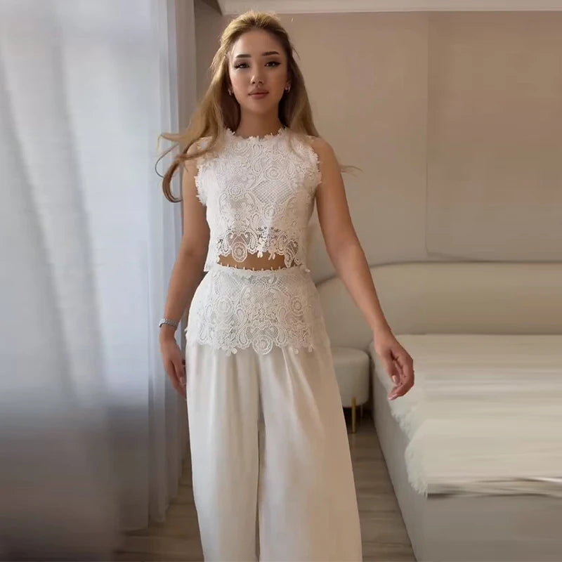 Elegant Crochet Vest And Wide Leg Pants Set for Women
