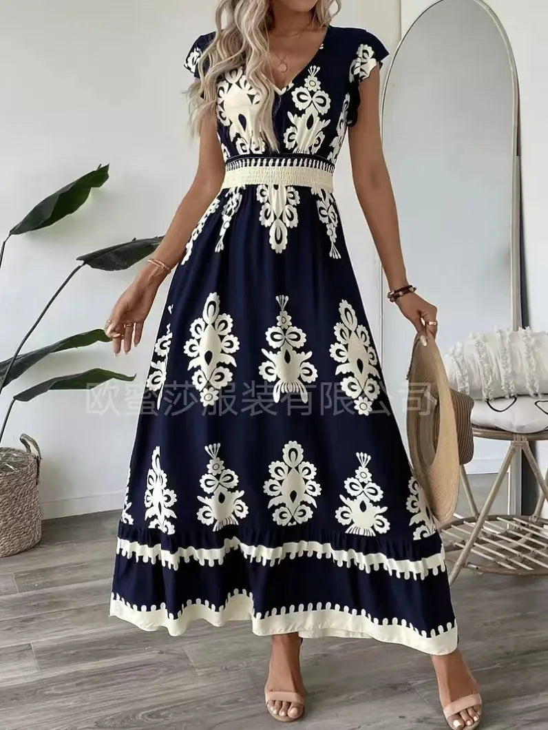 Beach Print Midi with V-Neck and High Waist Dress for Women