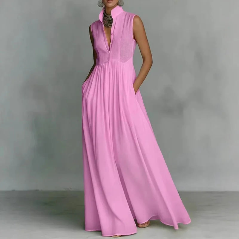 Bohemian Stand Collar Button Maxi Shirt Dress for Women