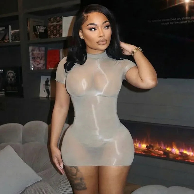 Sheer Short Sleeve Stretch Bodycon Mini Dress Solid Color for Women