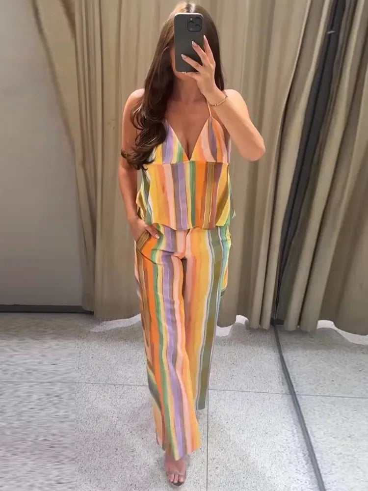 Cotton Striped High Waist Two Piece Summer Set For Women