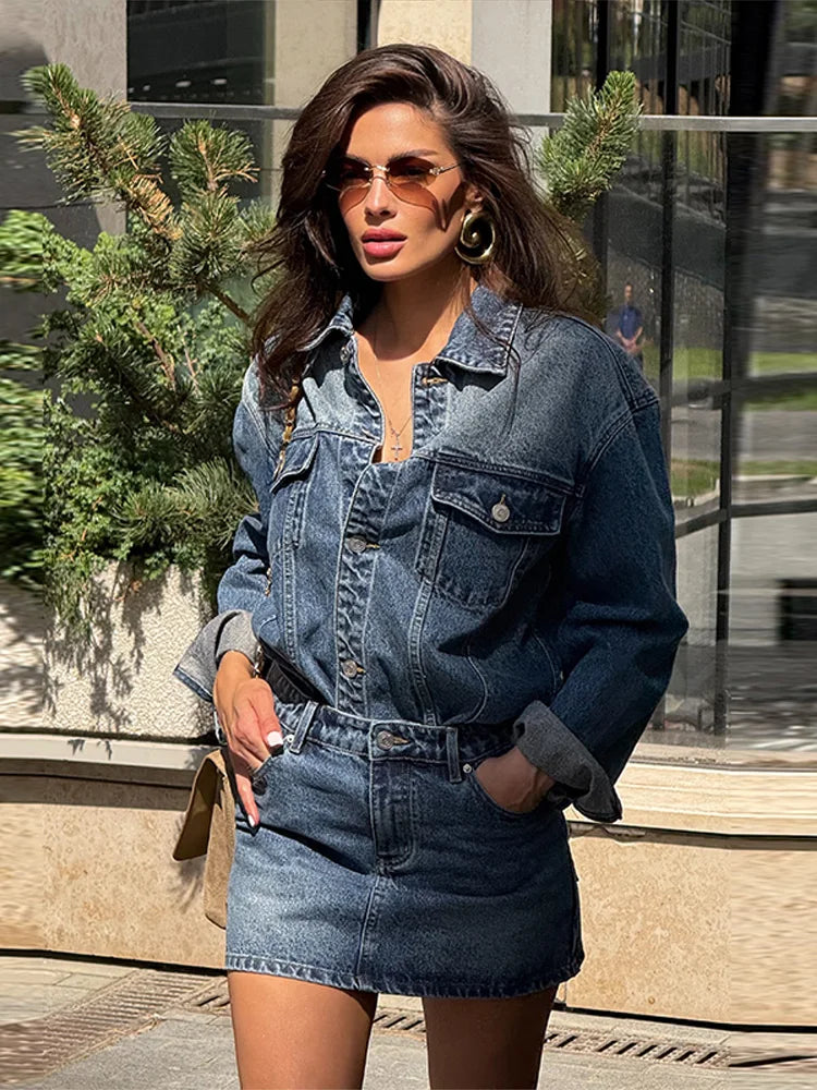High Waisted Acid Wash Denim Two Piece Set For Women