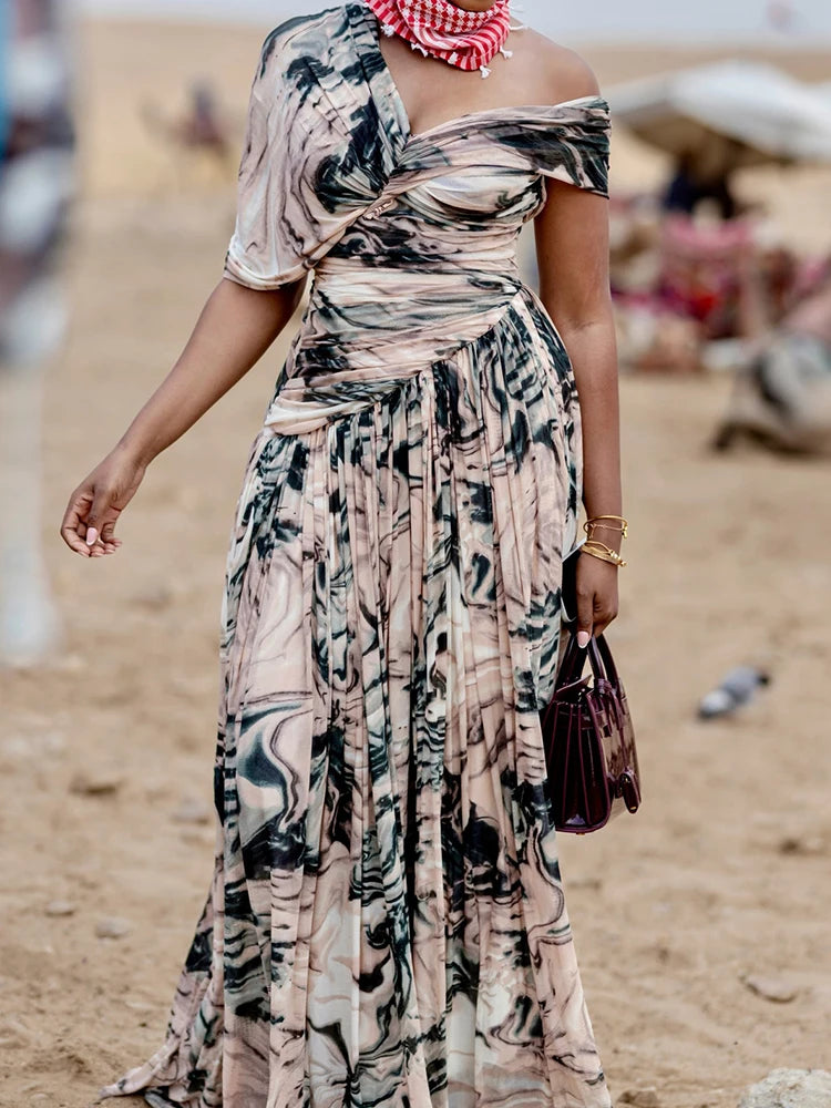 V Neck Patchwork Short Sleeve Maxi Dress for Women