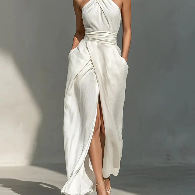 Criss Cross Halter Ruched Slit Maxi Dress for Women