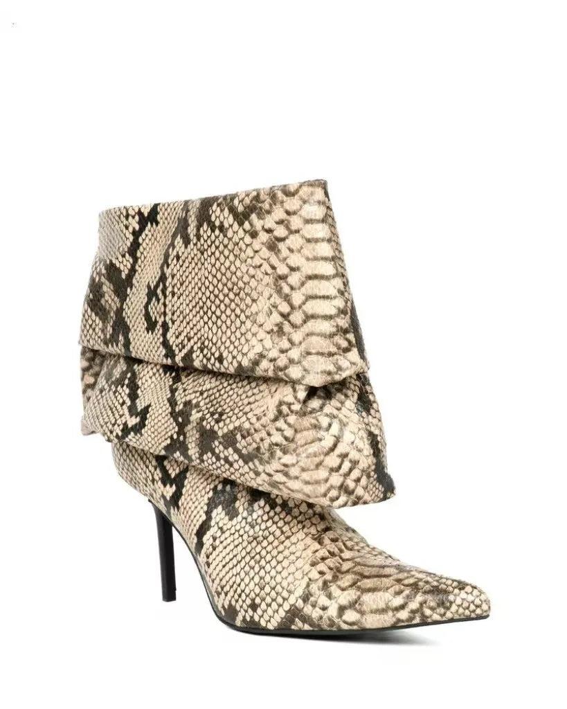 Pointed Toe Pleated Snakeskin Stiletto Mid-Calf Boots For Women
