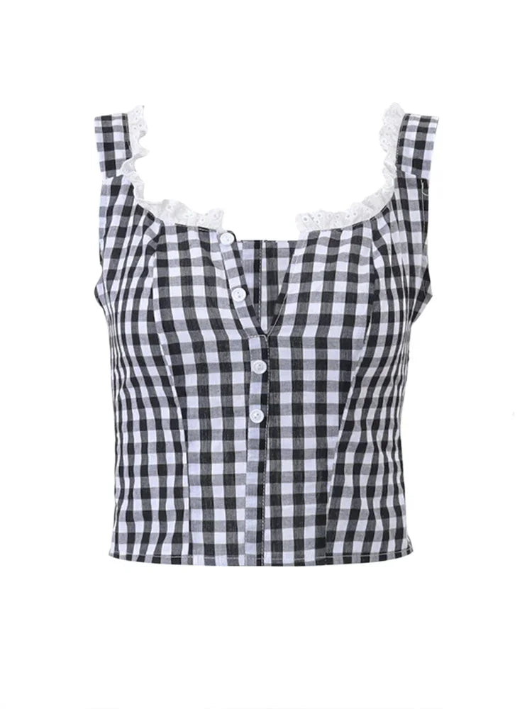 Retro Plaid Button Down Lace Trim Sleeveless Tank Top for Women