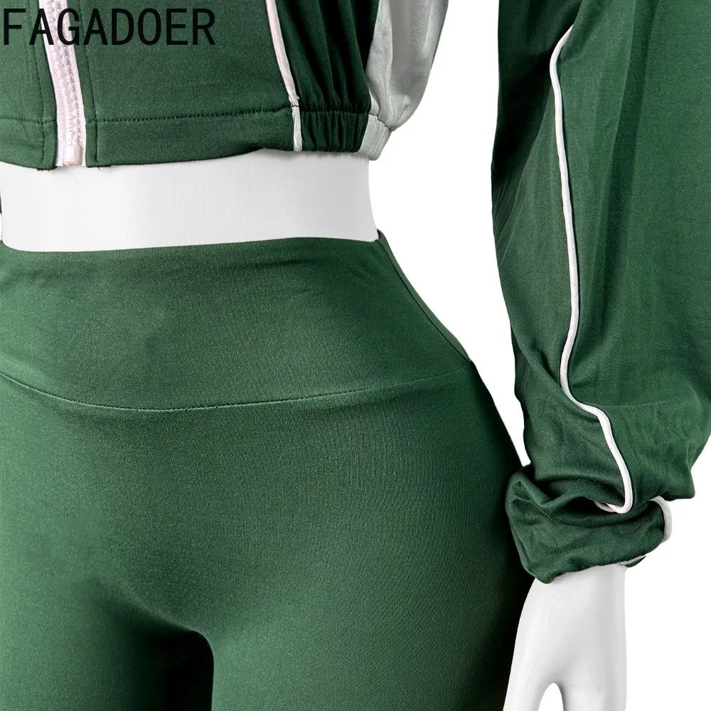 FAGADOER Casual Stripe Patchwork 2 Pieces Set for Woman Zip Long Sleeves Ruched Crop Top + Flare Pants Tracksuit Female Jogger