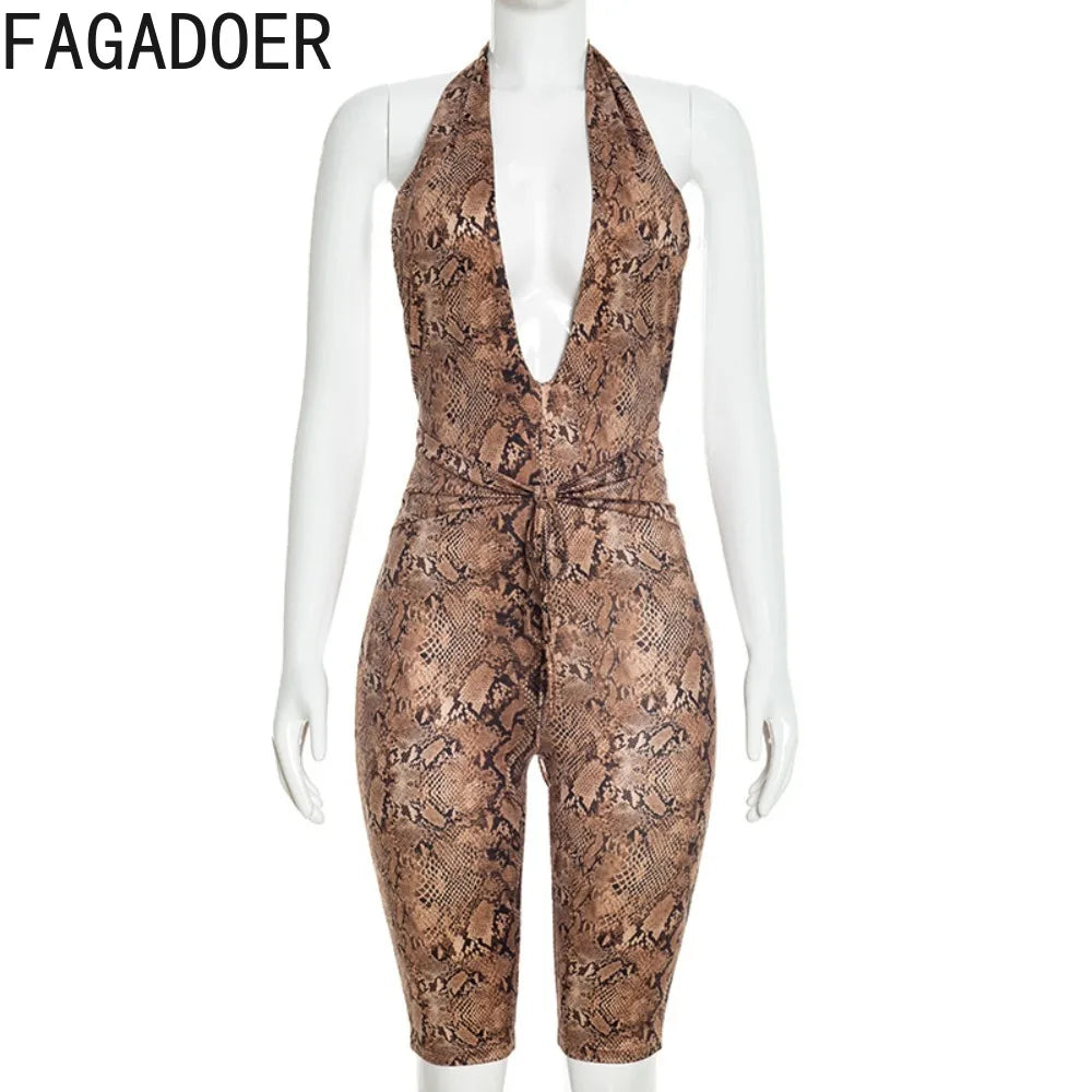 Sexy Halter Backless Patchwork Python Print Bodycon Jumpsuit for Women
