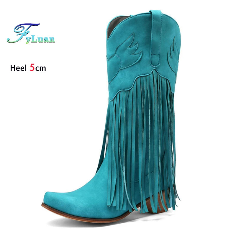 Retro Western Style Mid Calf Boots With Block Heel Tassels For Women