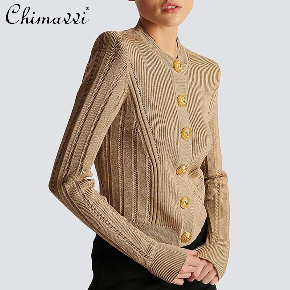 2025 Autumn New Fashion Crew Neck Long-sleeved Top Commuter Single-breasted Slim-fit Sweater Cardigan Jacket for Women