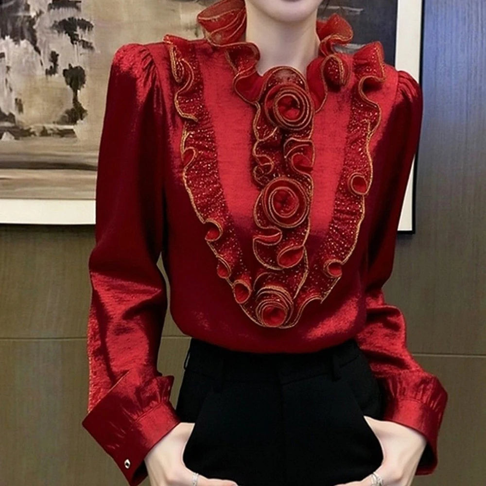 French Inspired Red Scalloped Edge Casual Top for Women