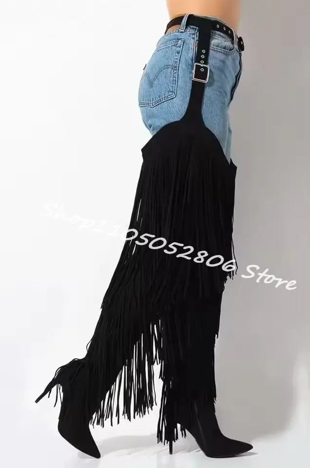 Fringe Belted Suede Over the Knee Boots with Pointed Toe and Thin Heel for Women