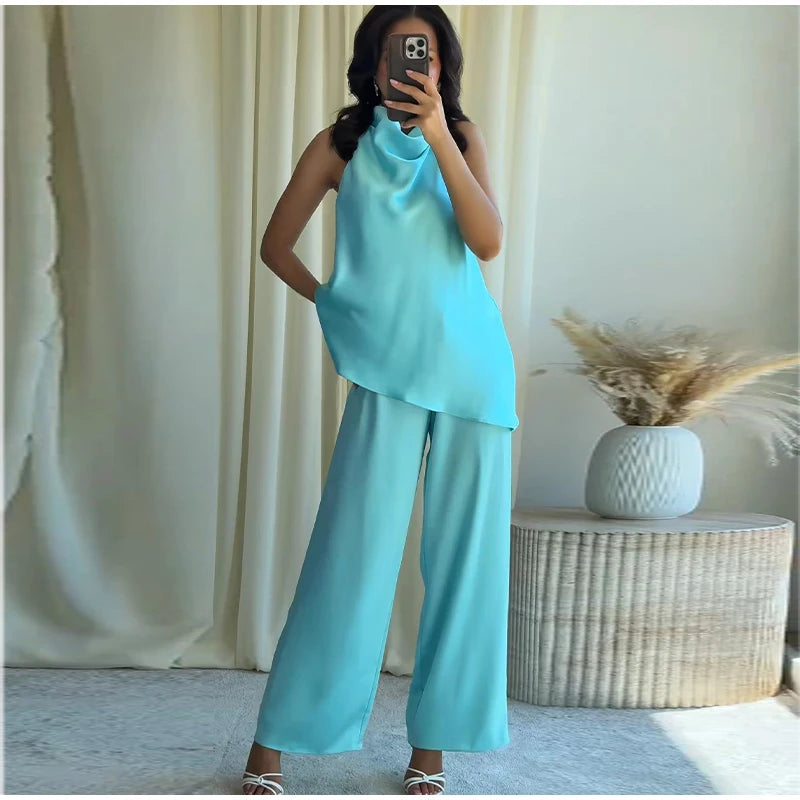 Turquoise Satin Cowl Neck Halter Top And Wide Leg Pants 2 Piece Set For Women