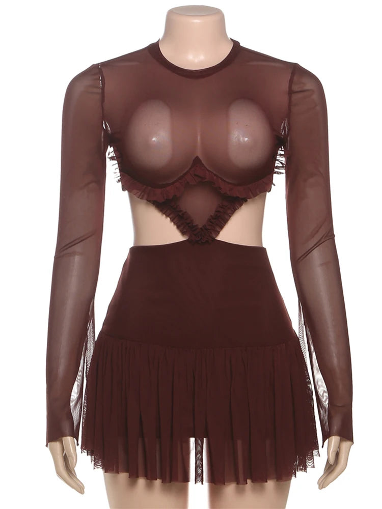 Nibber Waistless Patchwork Mesh Dress Woman o-Neck Full Sleeve Ruffle Hollow Design Midnight Club Party Sexy Fashion Bodycon