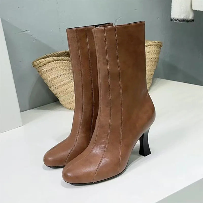 Genuine Leather High Heel Round Toe Mid Calf Boots for Women