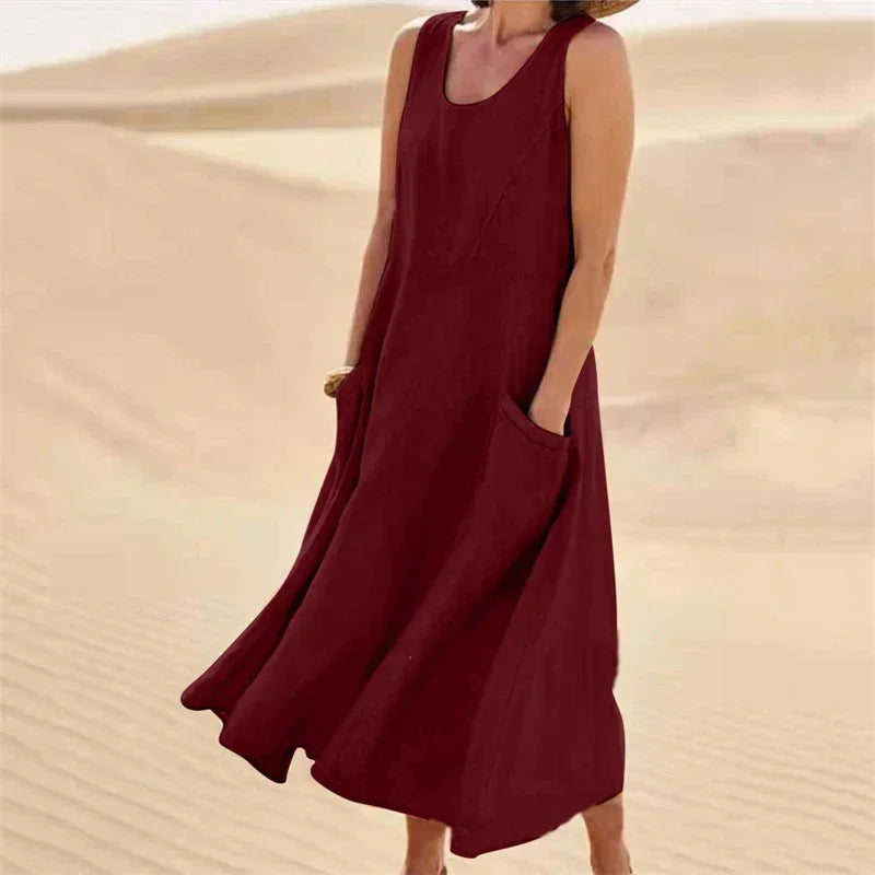 Casual Sleeveless Midi Dress With Side Pockets For Women