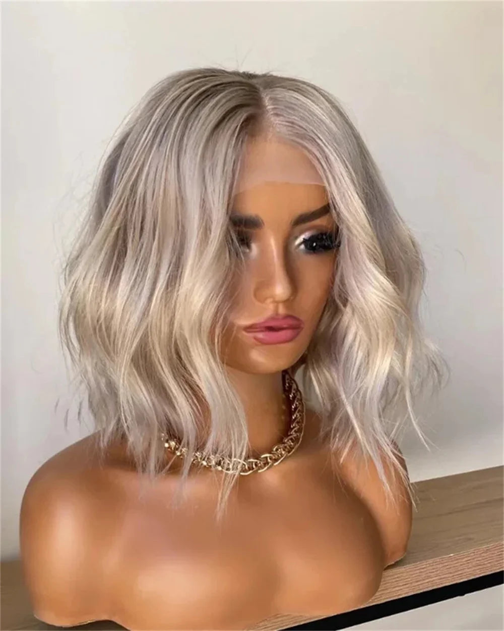 Platinum Icy Blonde Ombre Lace Front Wavy Bob Wig For Women