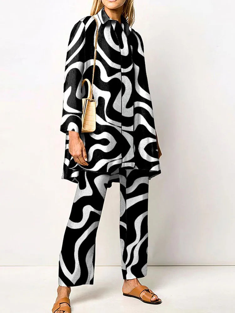 2022 Sets Womens Outfits Elegant Loungewear Print Spring Autumn 2PCS Ladies Suit Long Sleeve Wide Leg Pants Loose Fit Streetwear