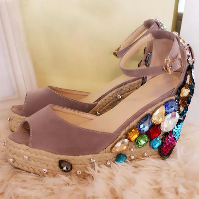 Butterfly Rhinestone Embellished Rope Braided Wedge Sandals Peep Toe for Women