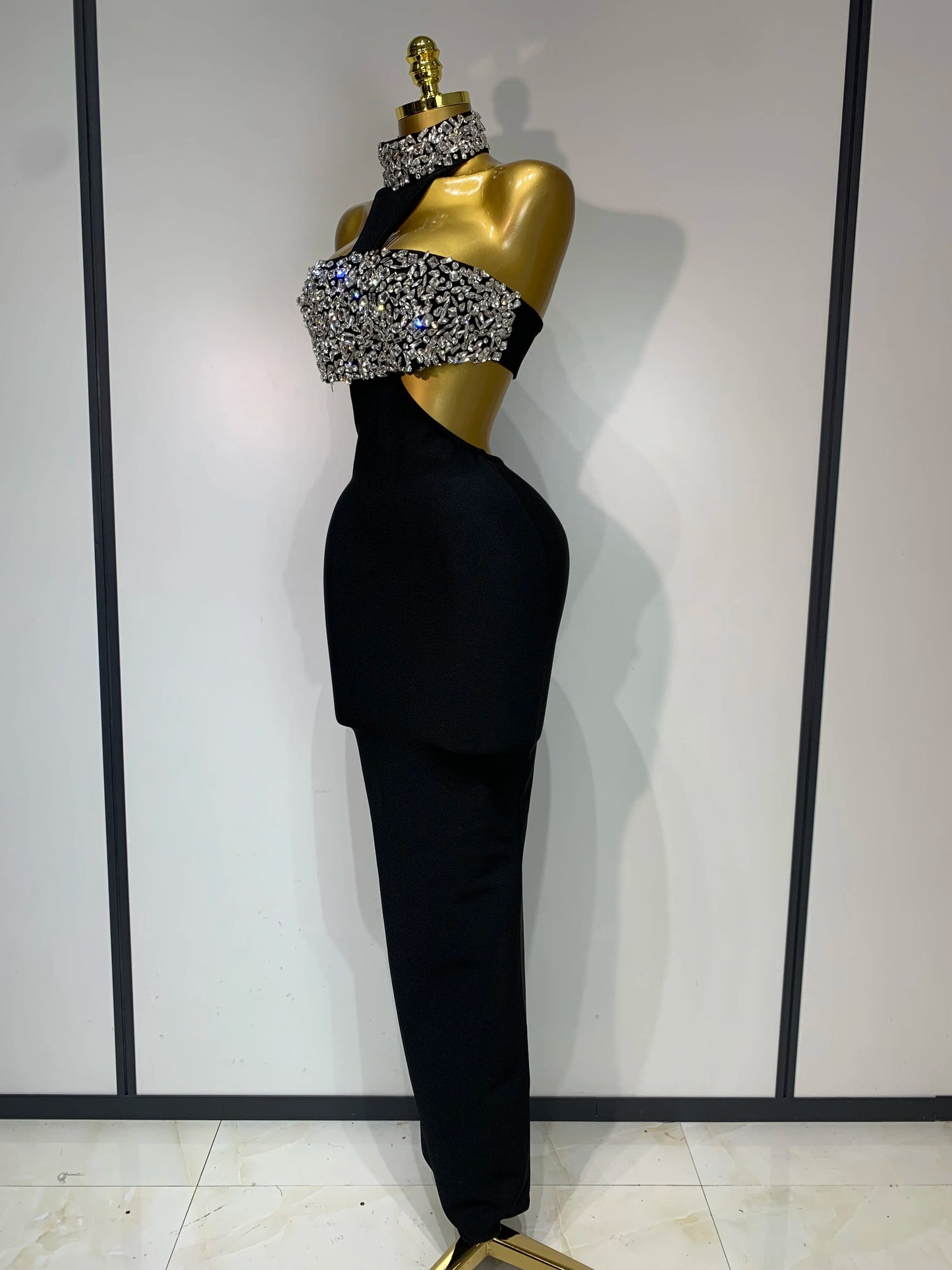 Women Sexy Backless Sparkly Crystal Diamonds Black Bodycon Bandage Dress Celebrity Elegant Evening Club Party Birthday Dresses