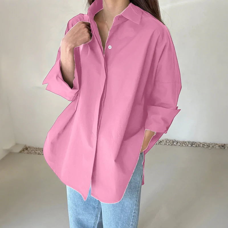 Oversized White Long Sleeve Button Up Blouse for Women