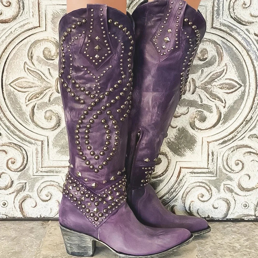 Riveted Western Pointed Toe Knee High Boots For Women