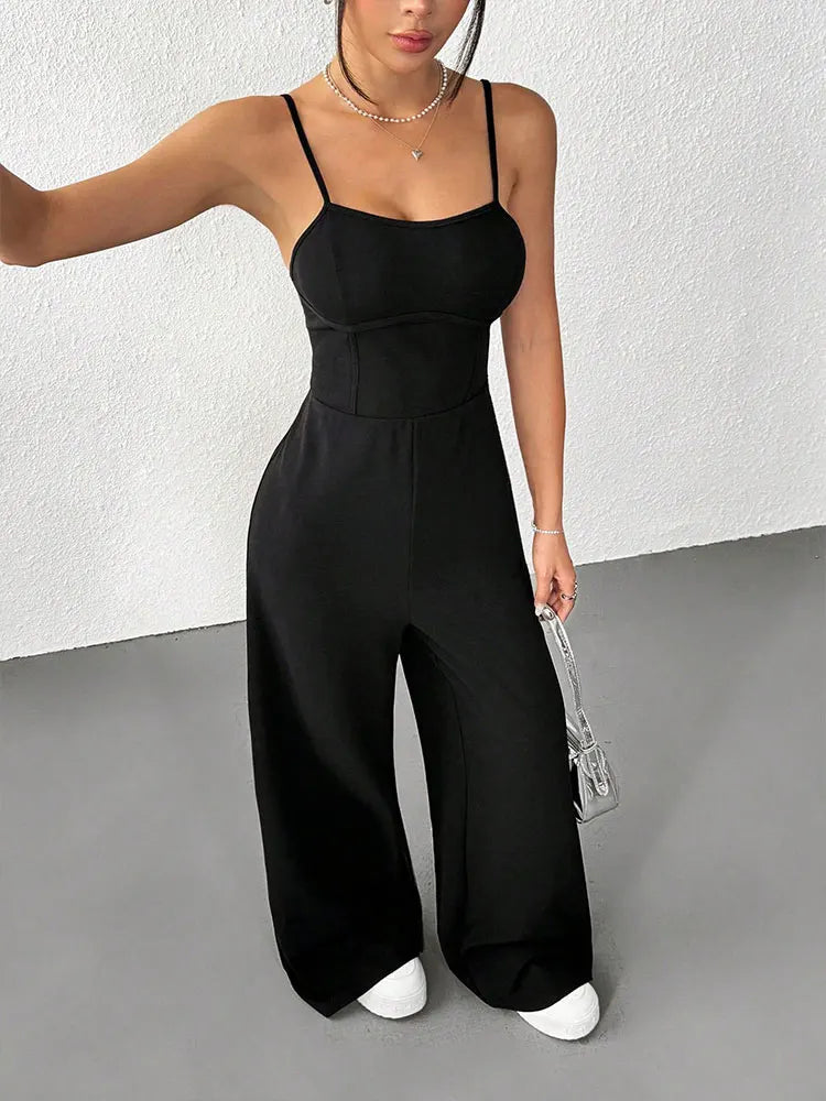 Summer New Women Sling Jumpsuits Streetwear Fashion Casual Slim Jumpsuits Black Sexy Backless V-Neck Sleeveless Female Clothing