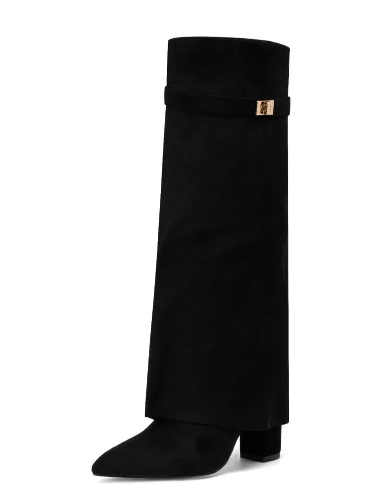 Pointed Toe Thick High Heel Mid Calf Boots for Women