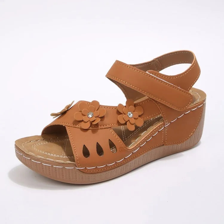 Modern Floral Buckle Wedge Sandals