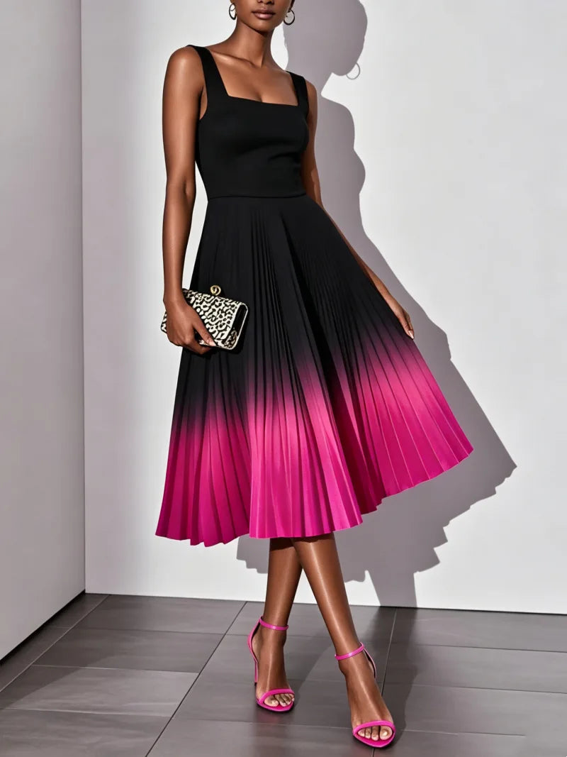 Sleeveless Gradient Print A Line Pleated Midi Dress for Women
