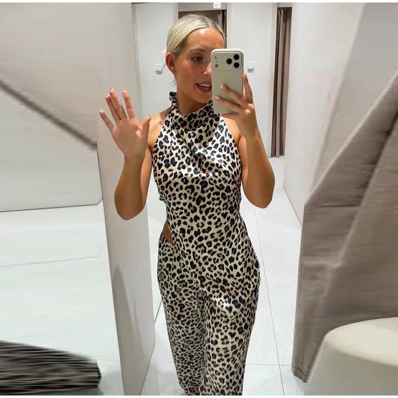 Leopard Print Halter Neck Top And High Waist Flare Pants Set For Women