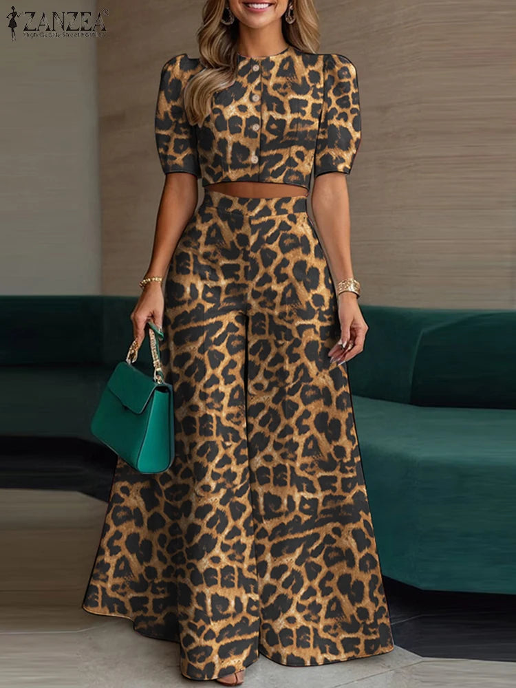 Leopard Print Puff Sleeve Pants Set