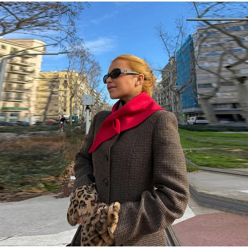 Elegant Grid Stand Collar Loose Single Breasted Woolen Coat for Women
