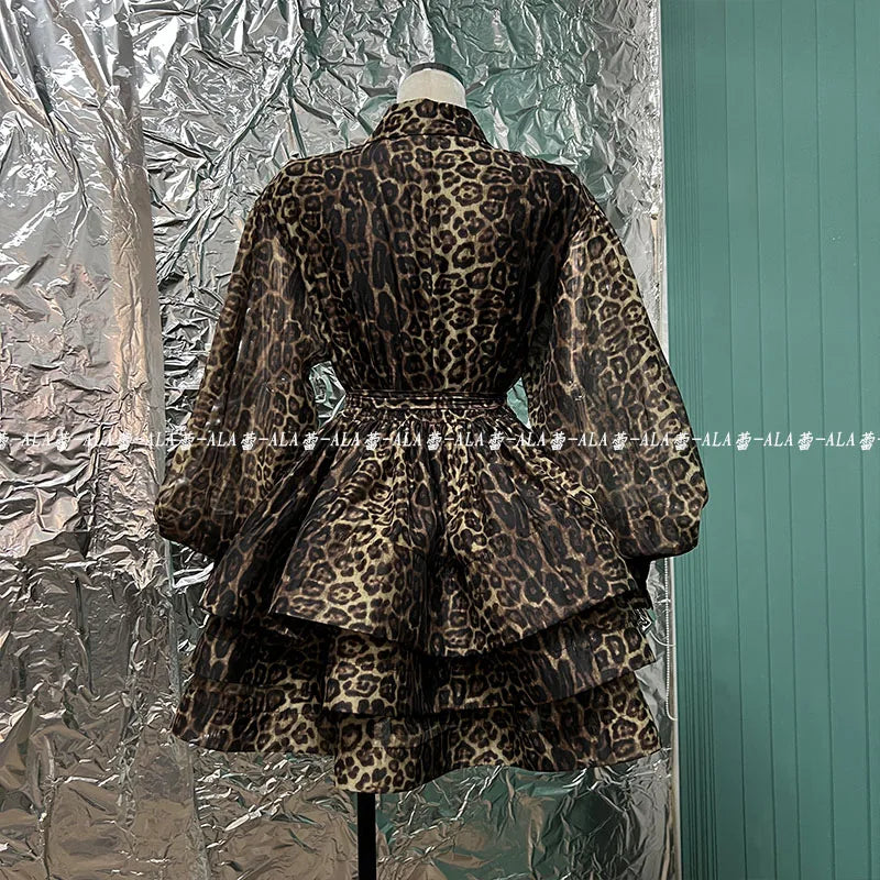 Spring Popular Retro Classic Leopard Pattern Single-Breasted Lantern Sleeve Shirt Layered Dress Puffy Cinched Short Dress Female