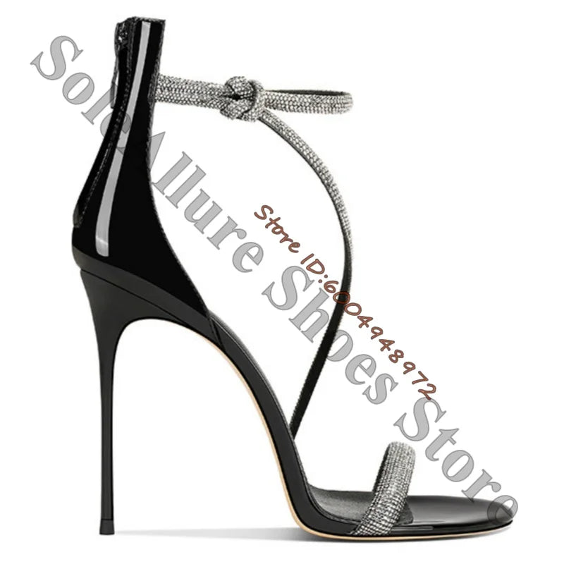 Gloss Black Patent Rhinestone Wrap Stiletto Sandals For Women