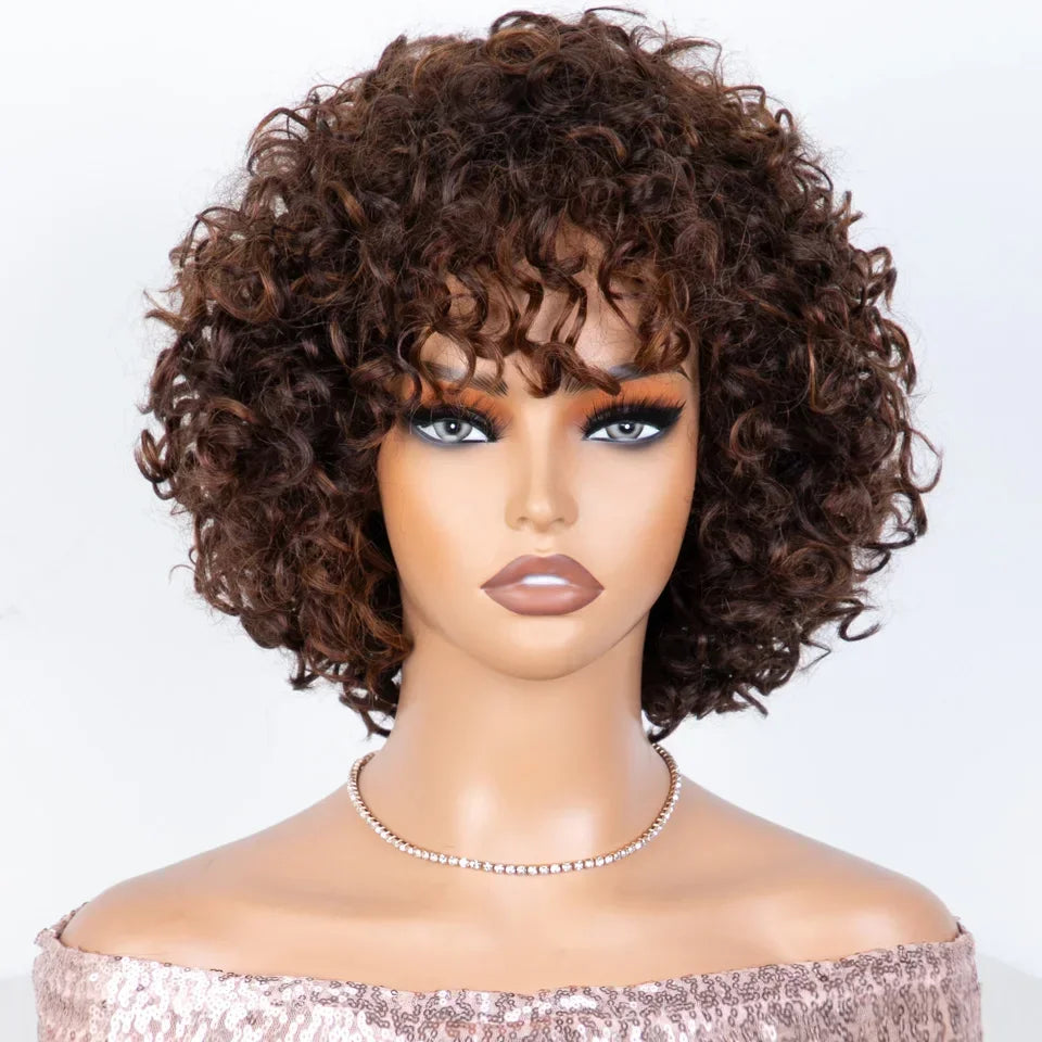 Short Kinky Curly Wig With Bangs And Mixed Highlights For Women