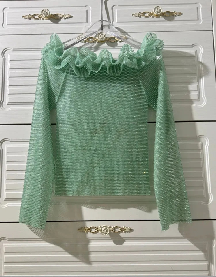 Fashion Blue Hollow Diamond Fringed Hip Skirt Set 2025 Spring New Elegant One-off Shoulder Top High Waist Skirt 2-piece Set