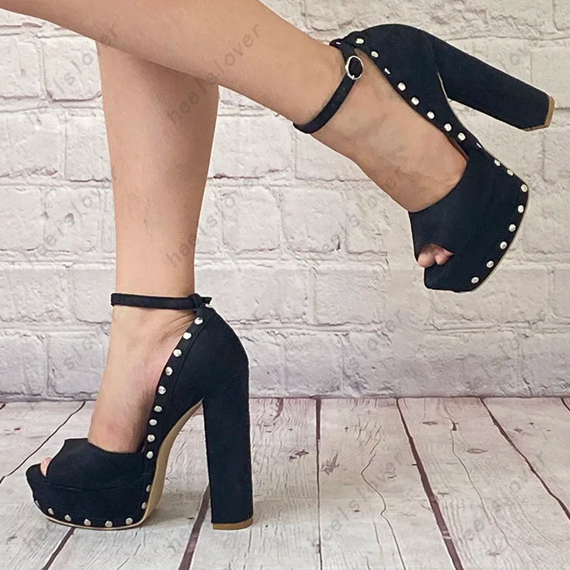 Black Studded Platform Sandals With Chunky Heels For Women