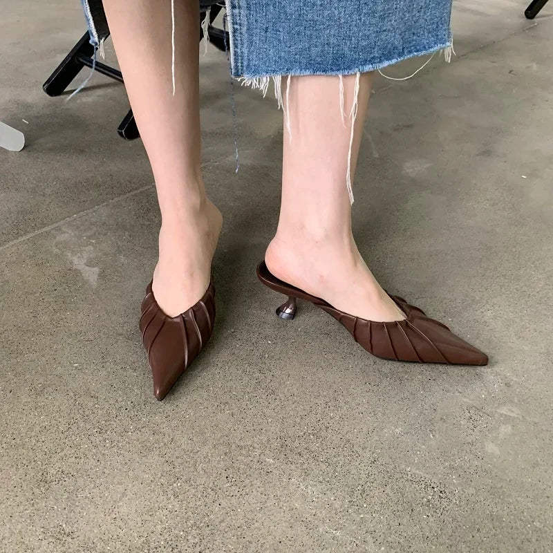 Casual Pleated Thin Heel Cushioned Slides for Women