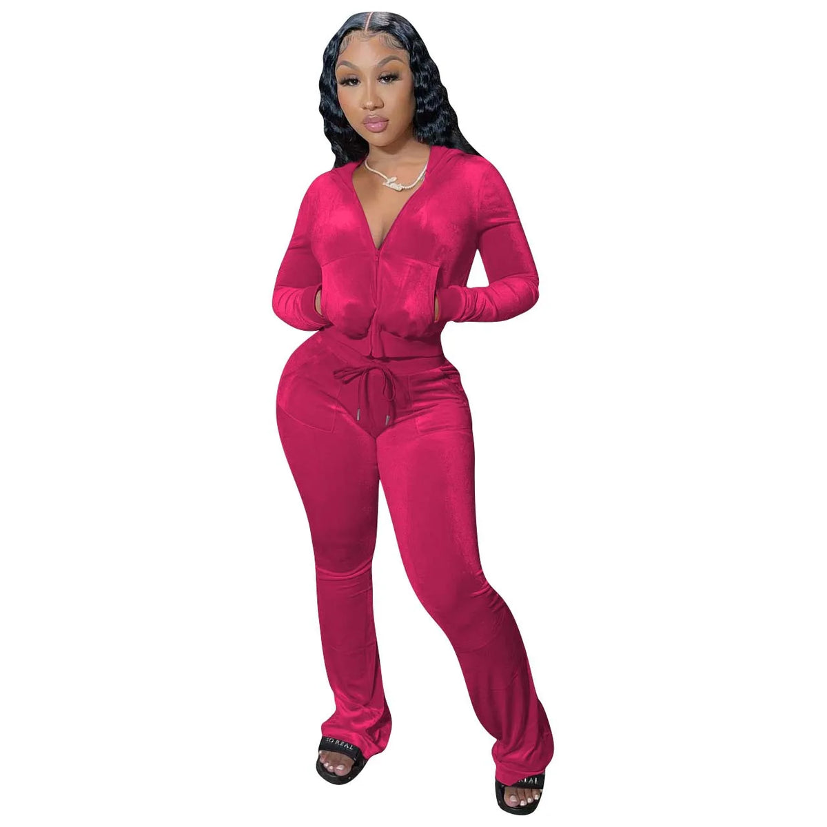 Hooded Zip Top And High Waist Pants Outfit Set for Women