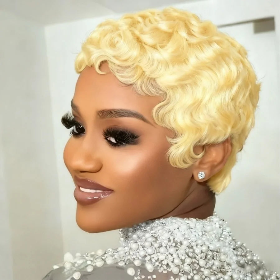 Natural Blonde Short Wavy Pixie Cut Human Hair Wig For Women