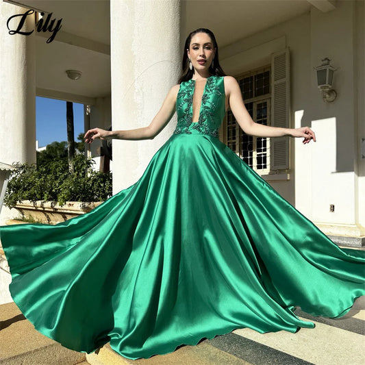 Lily Emerald Green Evening Gown Sleeveless Prom Dress with Beaded Embroidery Wedding Evening Dress robes de soirée Customized