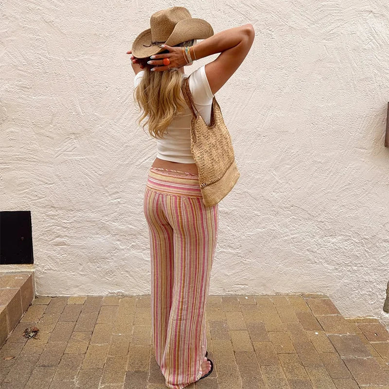 Color Block Rainbow Stripe Wide Leg Jeans for Women